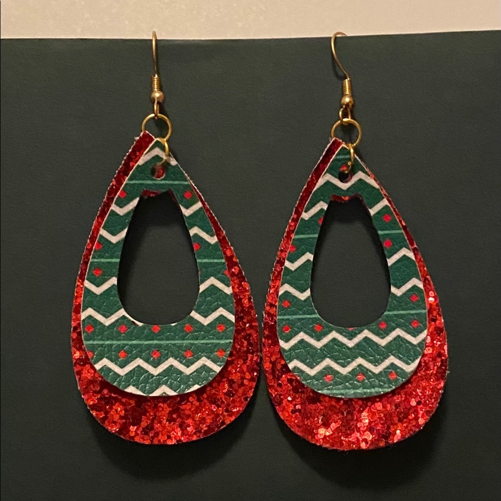 Handmade Faux Leather Earrings-Red, Green, & White